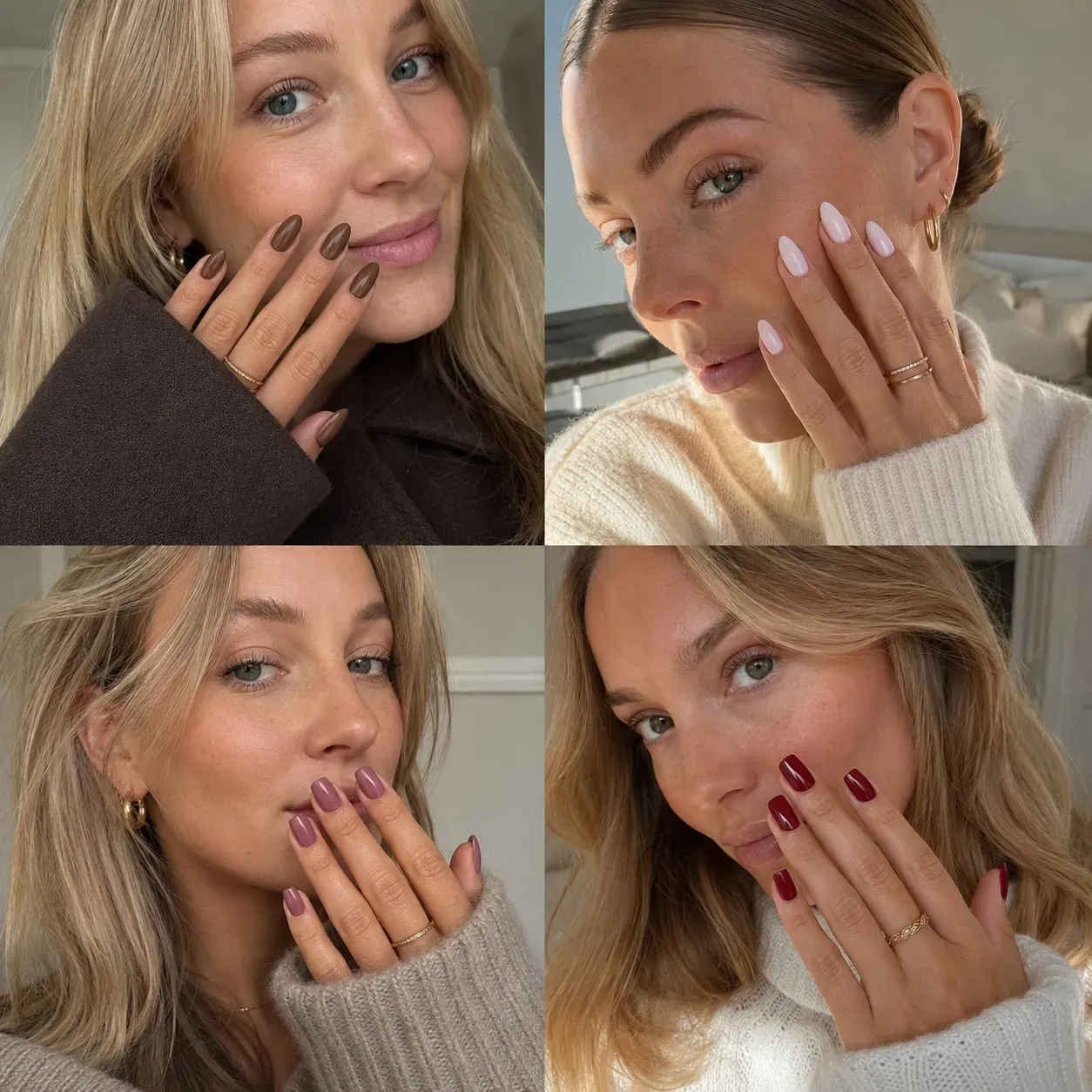 Fire bilder av hender med press-on negler fra HCNail i brunt, lyst rosa, mauve og mørkerødt